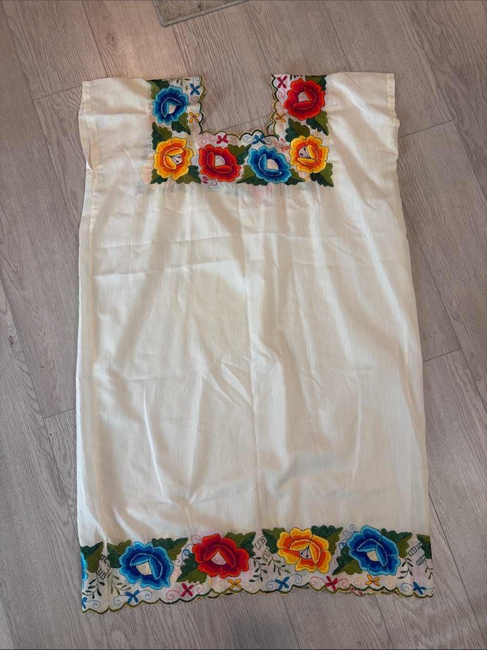 Hand-Embroidered White Mexican Dress with Bright Floral Neckline